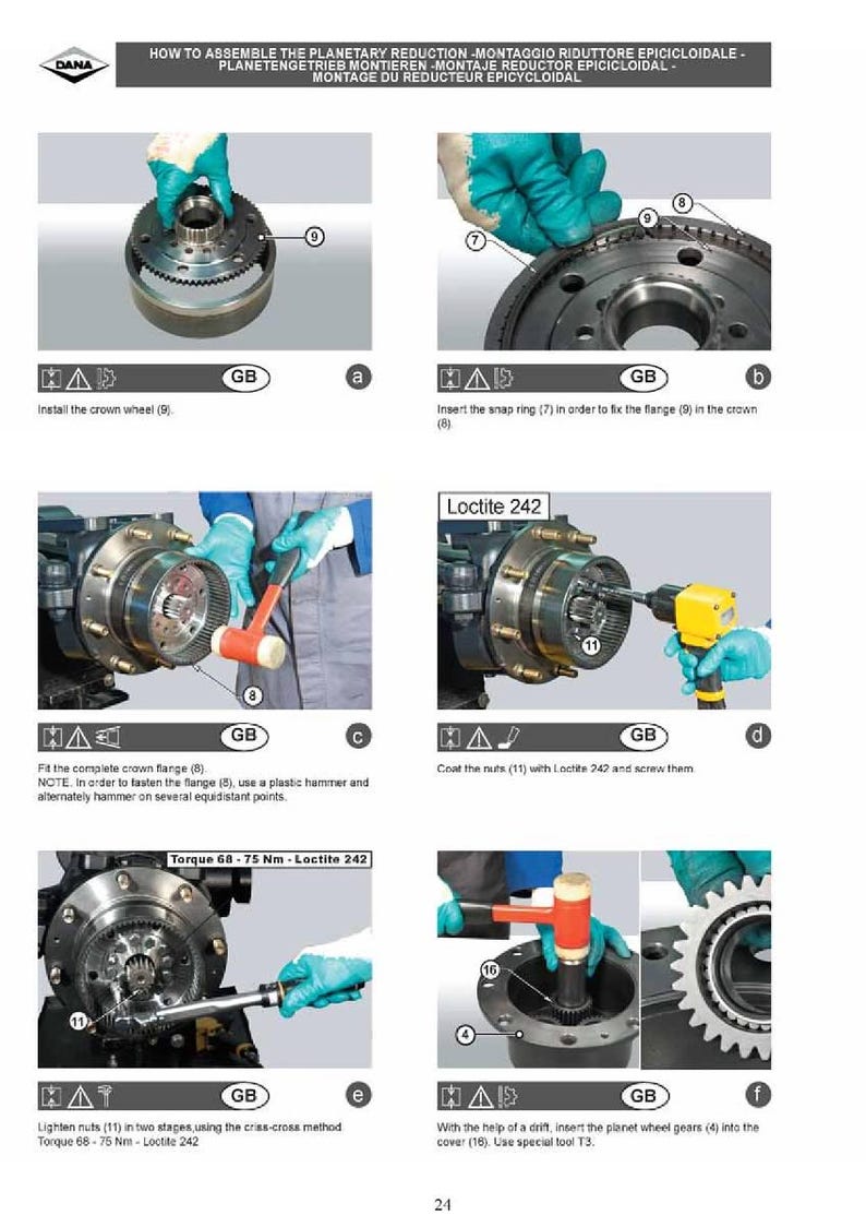 May include: Illustrated assembly instructions for a planetary reduction gear. The steps include installing the crown wheel, inserting a snap ring, fitting the crown flange, coating nuts with Loctite 242, and tightening nuts using a cross-cross method. The torque is 68-75 Nm.