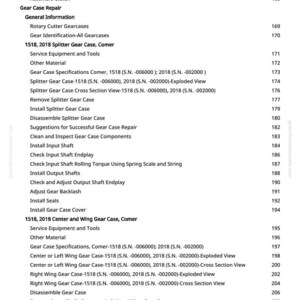 May include: A detailed table of contents from a manual, listing topics related to gear case repair, including disassembly, inspection, and component installation. The text is in black on a white background.
