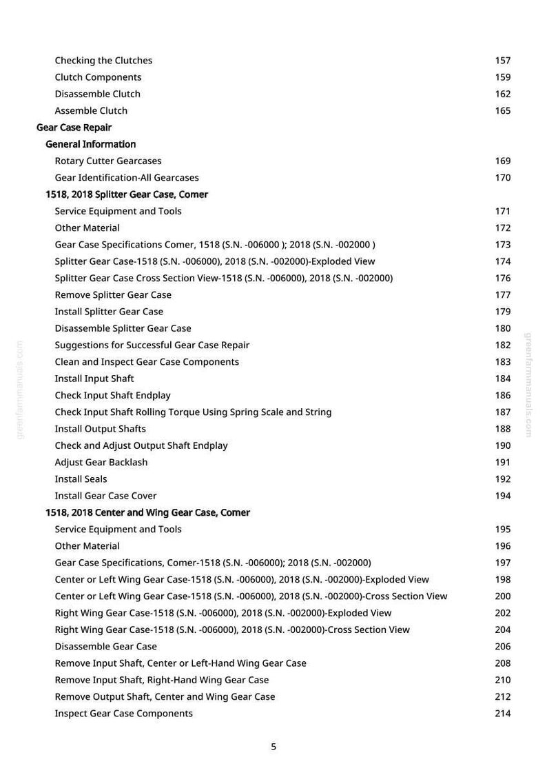 May include: A detailed table of contents from a manual, listing topics related to gear case repair, including disassembly, inspection, and component installation. The text is in black on a white background.