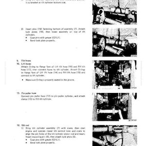 May include: A black and white technical diagram with numbered steps for assembling machinery components. The image includes close-up photos of parts and instructions for tilt cylinder assembly, lift hoses, and pin puller hose.