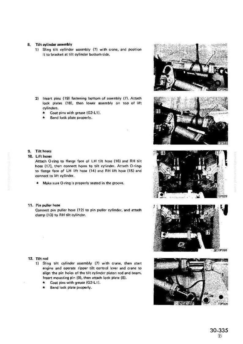 May include: A black and white technical diagram with numbered steps for assembling machinery components. The image includes close-up photos of parts and instructions for tilt cylinder assembly, lift hoses, and pin puller hose.