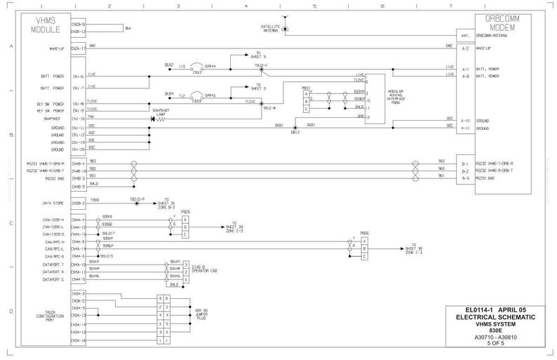 K&ouml;nnte beinhalten: Ein elektrisches Schaltbild f&uuml;r das VHMS-System mit Beschriftungen und Linien, die verschiedene Komponenten verbinden. Das Diagramm enth&auml;lt Text wie "VHMS MODULE" und "ORBCOMM MODEM". Das Dokument ist vom April 05 und als Blatt 5 von 5 gekennzeichnet.