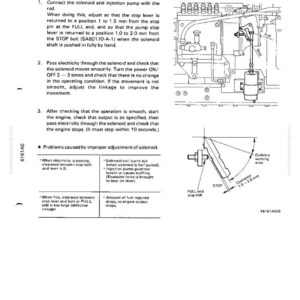 Op de afbeelding: Diagram van een magneetventiel en injectiepomp samenstelling met tekstinstructies. Het diagram bevat een gelabelde illustratie van de componenten en specificaties voor afstelling, inclusief metingen in millimeters.