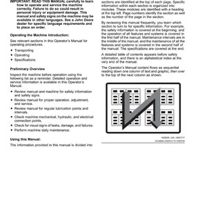 May include: A page from an operator's manual with the title "General Information." The text describes machine operation, safety, and maintenance. A diagram with a black border and a gray arrow is in the lower right corner. The page number is 00-1.
