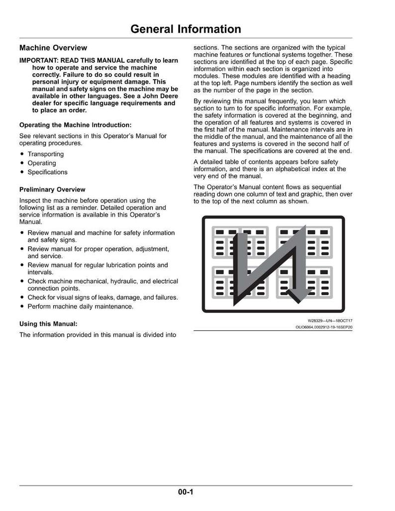 May include: A page from an operator's manual with the title "General Information." The text describes machine operation, safety, and maintenance. A diagram with a black border and a gray arrow is in the lower right corner. The page number is 00-1.