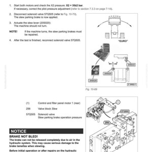 May include: Diagram of hydraulic system components, including a solenoid valve, valve block, and control panel. Text includes instructions for checking the slew parking brake pressure and a warning about bleeding the brake. Measurements are in bar.
