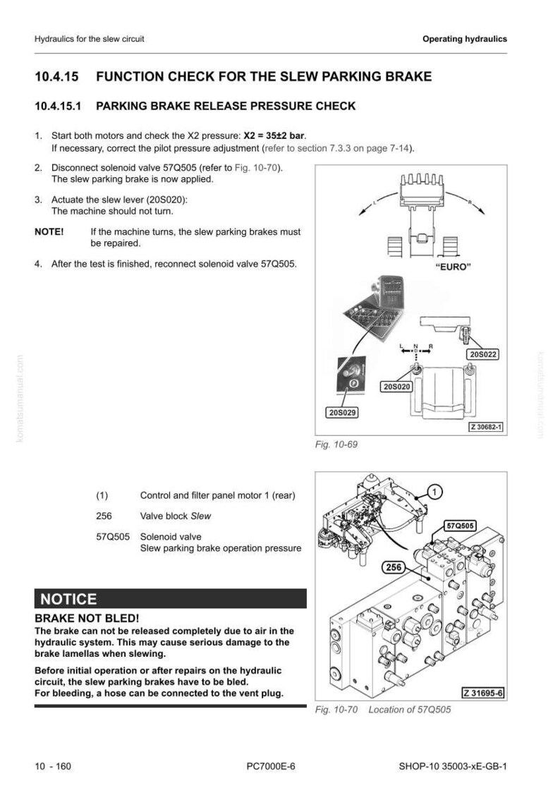May include: Diagram of hydraulic system components, including a solenoid valve, valve block, and control panel. Text includes instructions for checking the slew parking brake pressure and a warning about bleeding the brake. Measurements are in bar.
