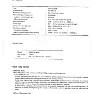 May include: Technical specifications for a Hitachi D608 distributor, including ignition timing, advance angles, and breaker point gap. Also includes spark plug model, size, and gap measurements in mm and grams.
