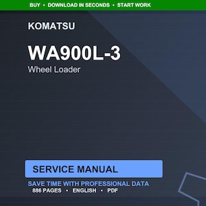 K&ouml;nnte beinhalten: Digitales Servicehandbuch f&uuml;r einen Komatsu WA900L-3 Radlader. Das Cover ist dunkelblau mit wei&szlig;em Text, einschlie&szlig;lich "WA900L-3" und "Wheel Loader". Das Handbuch hat 886 Seiten und enth&auml;lt den Text "Service Manual".