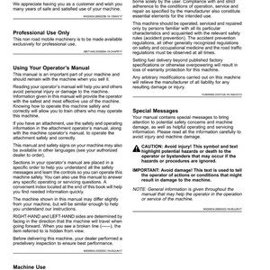 May include: A page from a John Deere machine operator's manual, featuring sections on product use, safety, and special messages. The manual includes warnings and instructions for safe operation and maintenance of the machinery.