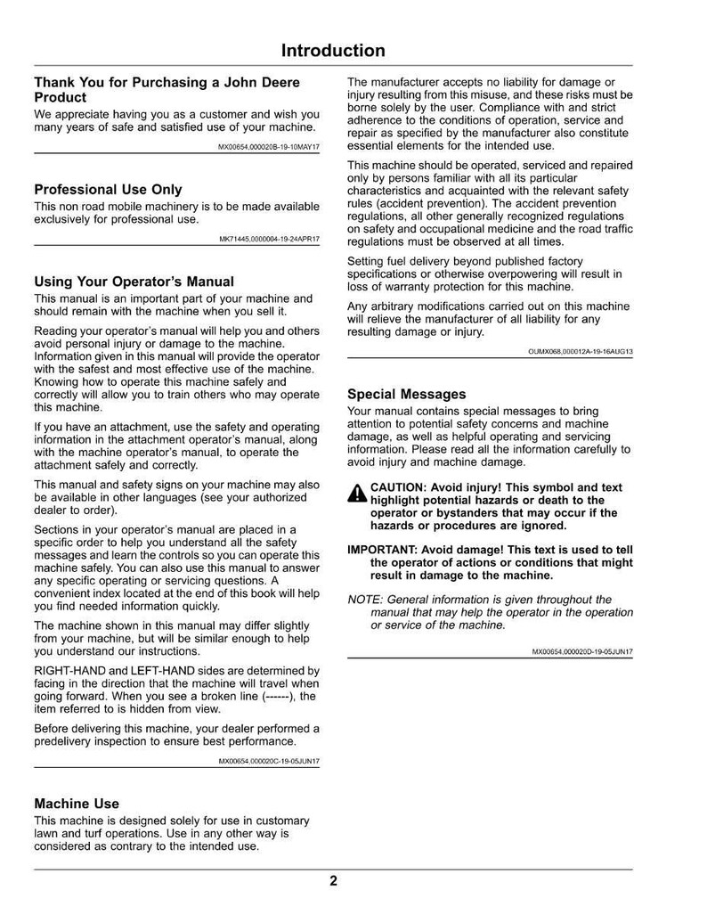 May include: A page from a John Deere machine operator's manual, featuring sections on product use, safety, and special messages. The manual includes warnings and instructions for safe operation and maintenance of the machinery.