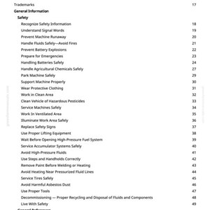Pode incluir: Um documento em preto e branco intitulado "Tabela de Conte&uacute;dos" com uma lista de t&oacute;picos de seguran&ccedil;a, incluindo "Prevenir a fuga da m&aacute;quina" e "Manusear fluidos com seguran&ccedil;a". O documento &eacute; de greenfarmmanuals.com.