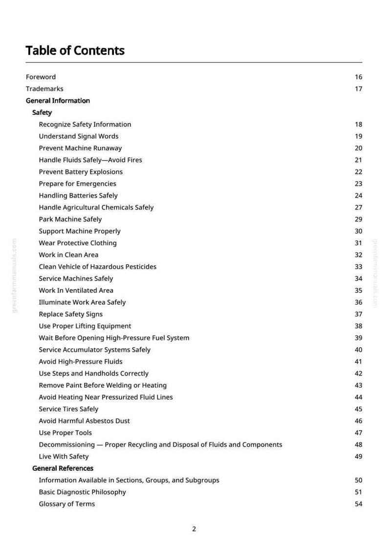 Pode incluir: Um documento em preto e branco intitulado "Tabela de Conte&uacute;dos" com uma lista de t&oacute;picos de seguran&ccedil;a, incluindo "Prevenir a fuga da m&aacute;quina" e "Manusear fluidos com seguran&ccedil;a". O documento &eacute; de greenfarmmanuals.com.