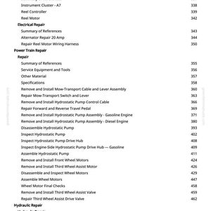 May include: A page from a manual detailing repair procedures. Sections include electrical, power train, and hydraulic repairs, each with page numbers. The text is in black font. The manual is for a machine.