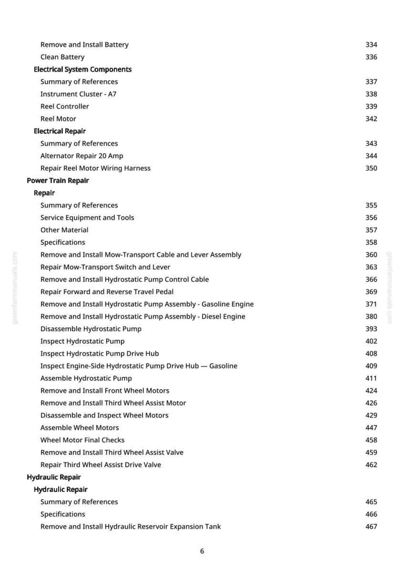 May include: A page from a manual detailing repair procedures. Sections include electrical, power train, and hydraulic repairs, each with page numbers. The text is in black font. The manual is for a machine.