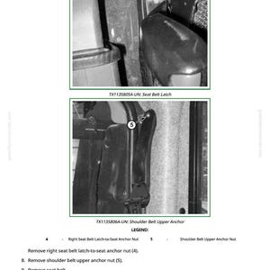 May include: Black and white diagram of car seat belt components. Includes close-up views of the seat belt latch and shoulder belt anchor. Text labels identify parts and provide instructions for removal and installation.