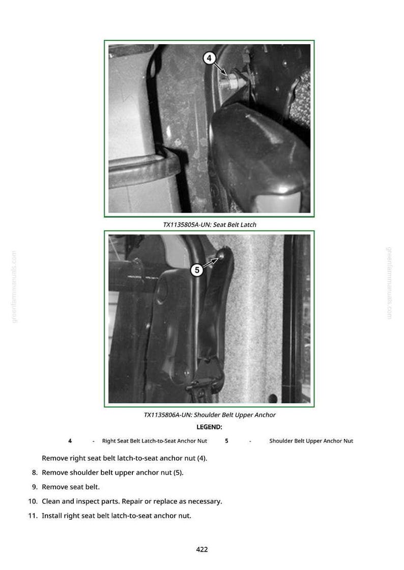 May include: Black and white diagram of car seat belt components. Includes close-up views of the seat belt latch and shoulder belt anchor. Text labels identify parts and provide instructions for removal and installation.