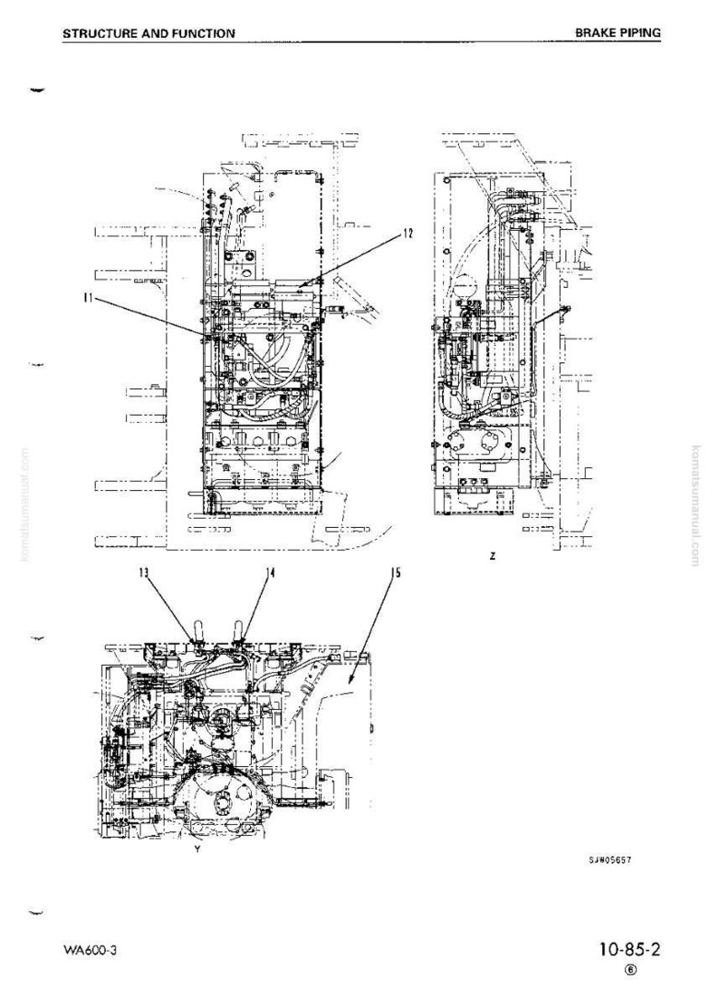 May include: Technical diagram of a machine's brake piping system, labeled "Structure and Function." The black and white illustration shows detailed internal components with numbered callouts. The diagram includes the text "WA600-3" and "10-85-2".