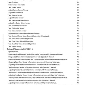 May include: A page from a manual with a list of tests, adjustments, and specifications for machinery. The text includes terms like "Test Knotter Sensor," "Adjust Packer Sensor Timing," and "Testing Hydraulic/Electric Systems." Page number 10 is visible at the bottom.