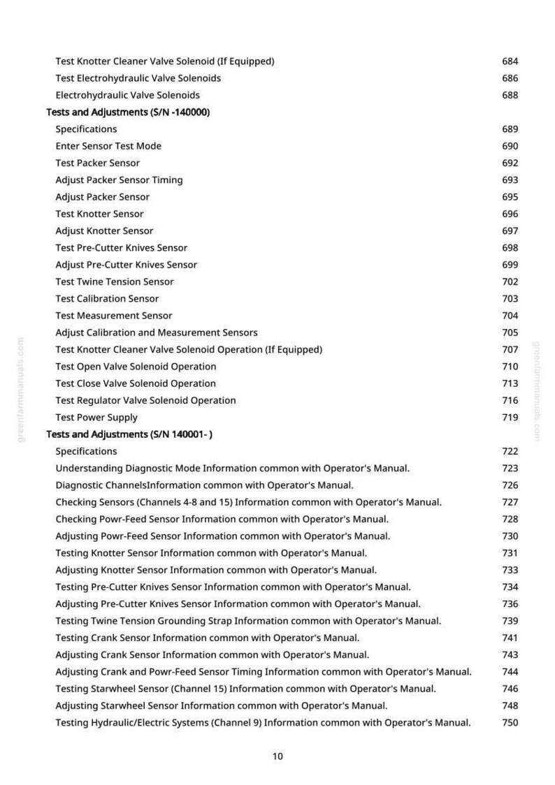 May include: A page from a manual with a list of tests, adjustments, and specifications for machinery. The text includes terms like "Test Knotter Sensor," "Adjust Packer Sensor Timing," and "Testing Hydraulic/Electric Systems." Page number 10 is visible at the bottom.