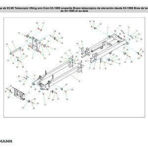 K&ouml;nnte beinhalten: Technische Zeichnung eines Teleskop-Hubarms mit zahlreichen nummerierten Komponenten. Das Bild enth&auml;lt Text in mehreren Sprachen, darunter Englisch, Deutsch und Spanisch. Das Weidemann-Logo ist unten links zu sehen.