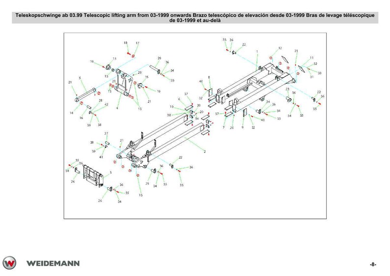 K&ouml;nnte beinhalten: Technische Zeichnung eines Teleskop-Hubarms mit zahlreichen nummerierten Komponenten. Das Bild enth&auml;lt Text in mehreren Sprachen, darunter Englisch, Deutsch und Spanisch. Das Weidemann-Logo ist unten links zu sehen.