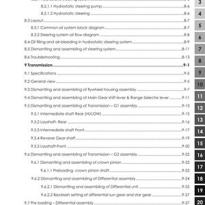 May include: A detailed table of contents from a manual for ARGO tractors. The document outlines sections on steering systems, transmission, and related components. Includes page numbers and sub-sections for easy navigation.