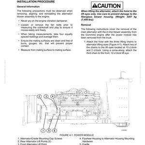 May include: Diagram of an alternator removal and installation procedure. The image includes text with general information, a caution, and removal instructions. A detailed diagram of the power module with numbered components is also shown.