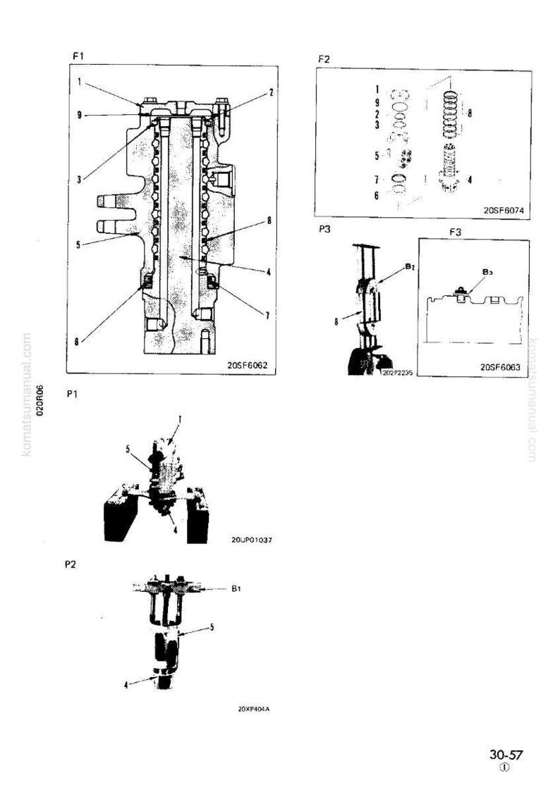 May include: Technical diagrams of mechanical components, including cross-sectional views and exploded diagrams. The illustrations are labeled with numbers and letters, and include the text "komatsumanual.com".