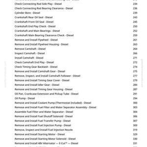 May include: A page from a diesel engine repair manual, listing procedures like "Install Cylinder Head" and "Remove and Install Fuel Injection Pump." The text is black on white, with page numbers on the right-hand side.