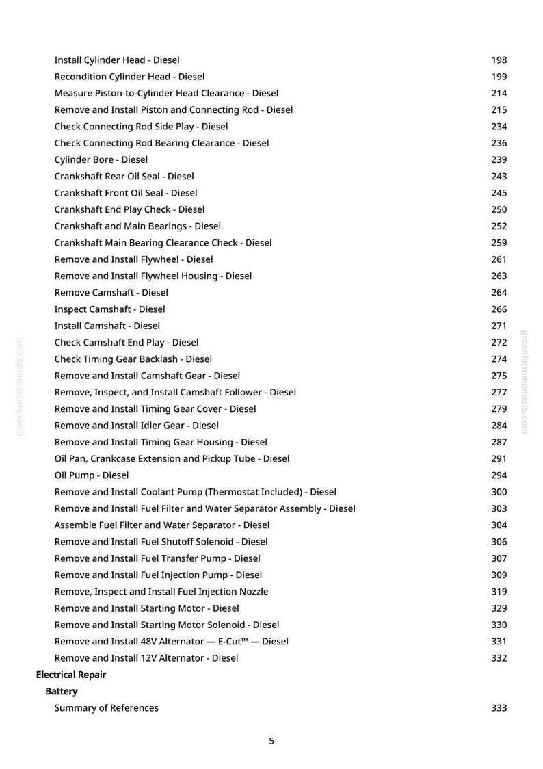 May include: A page from a diesel engine repair manual, listing procedures like "Install Cylinder Head" and "Remove and Install Fuel Injection Pump." The text is black on white, with page numbers on the right-hand side.