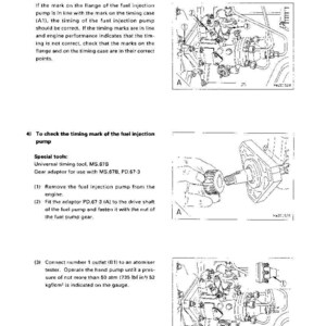 May include: Diagrams and instructions for engine timing and fuel injection pump maintenance. The image includes detailed illustrations of engine components, tools, and procedures, with labels and annotations for clarity. Text includes special tools and steps.