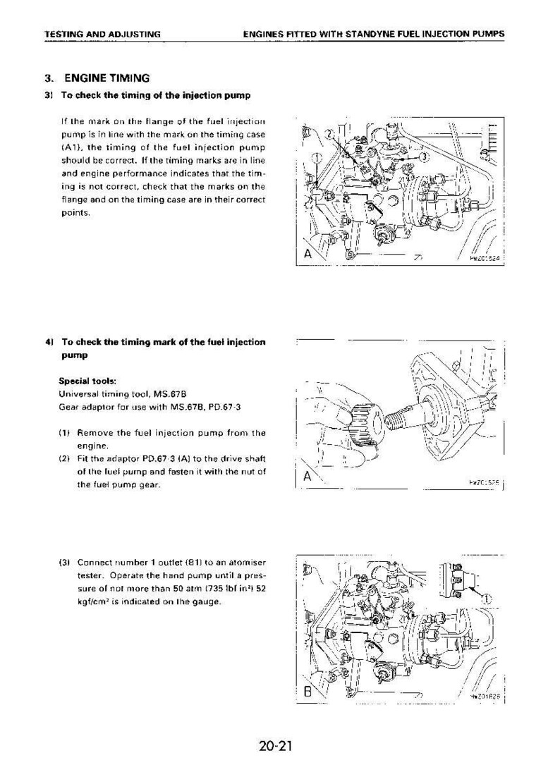 May include: Diagrams and instructions for engine timing and fuel injection pump maintenance. The image includes detailed illustrations of engine components, tools, and procedures, with labels and annotations for clarity. Text includes special tools and steps.