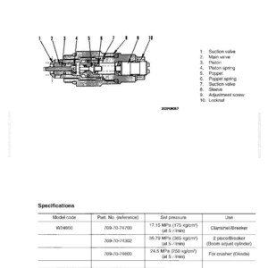 May include: Diagram of a safety-suction valve for a service valve, with labels for suction valve, main valve, piston, and other components. Specifications table includes model code, part number, set pressure, and use.