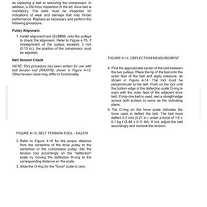 K&ouml;nnte beinhalten: Eine Seite aus einem Handbuch mit Anweisungen zur &Uuml;berpr&uuml;fung des A/C-Antriebsriemens. Es umfasst die Riemenscheibenausrichtung und die Riemenspannungskontrolle, mit Messungen in Zoll und Pfund.