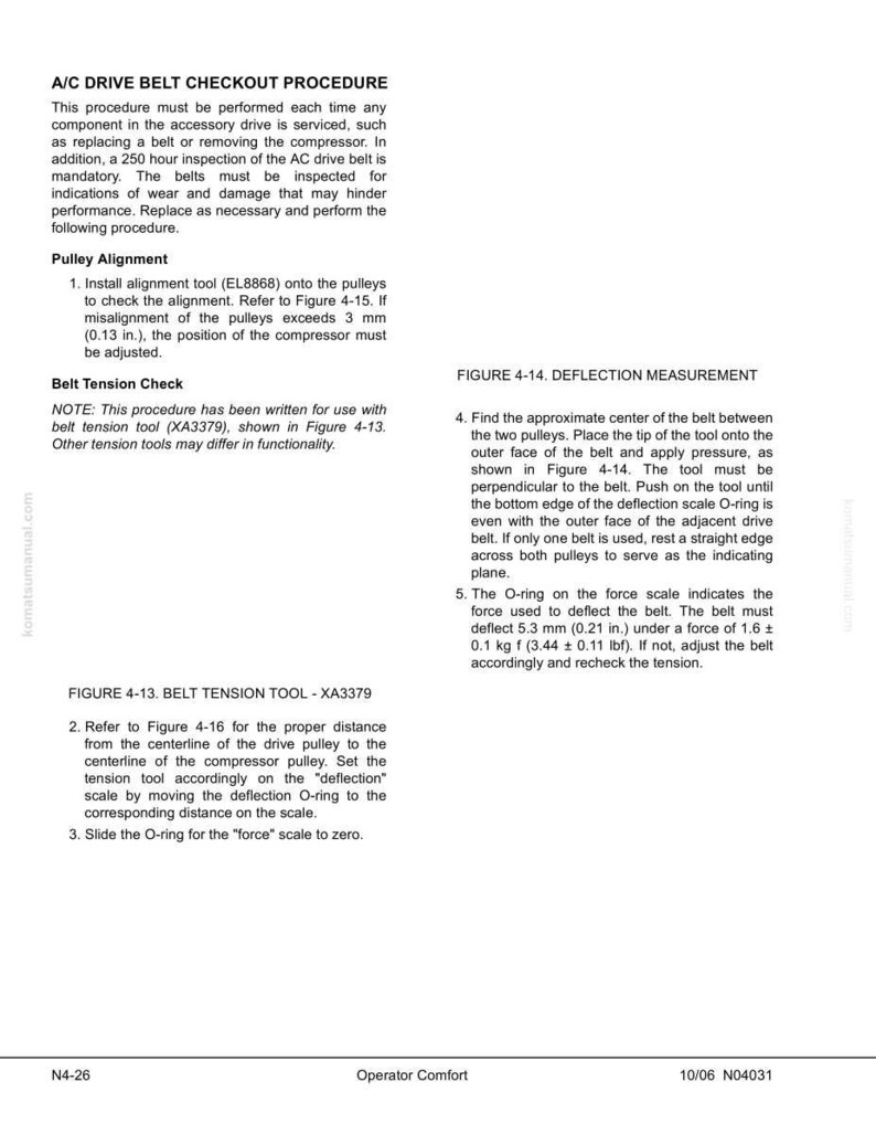 K&ouml;nnte beinhalten: Eine Seite aus einem Handbuch mit Anweisungen zur &Uuml;berpr&uuml;fung des A/C-Antriebsriemens. Es umfasst die Riemenscheibenausrichtung und die Riemenspannungskontrolle, mit Messungen in Zoll und Pfund.