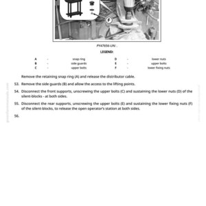 K&ouml;nnte beinhalten: Diagramm aus einem Handbuch, das Teile und Anweisungen f&uuml;r eine mechanische Baugruppe zeigt. Enth&auml;lt Beschriftungen f&uuml;r Sprengringe, Seitenschutz, obere Bolzen, untere Muttern und untere Befestigungsmuttern. Textanweisungen sind ebenfalls enthalten.