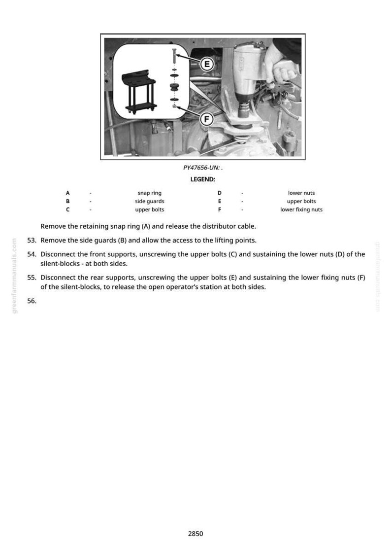 K&ouml;nnte beinhalten: Diagramm aus einem Handbuch, das Teile und Anweisungen f&uuml;r eine mechanische Baugruppe zeigt. Enth&auml;lt Beschriftungen f&uuml;r Sprengringe, Seitenschutz, obere Bolzen, untere Muttern und untere Befestigungsmuttern. Textanweisungen sind ebenfalls enthalten.