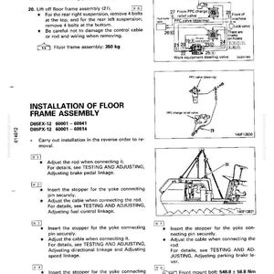 May include: Technical diagram with instructions for installing a floor frame assembly. Includes diagrams of parts, measurements in Nm and kgm, and text instructions. The assembly weighs 350 kg.