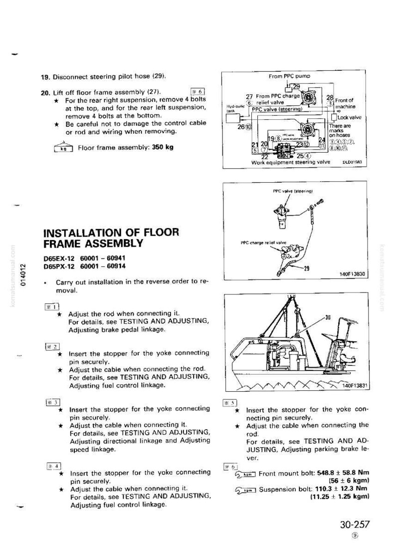 May include: Technical diagram with instructions for installing a floor frame assembly. Includes diagrams of parts, measurements in Nm and kgm, and text instructions. The assembly weighs 350 kg.