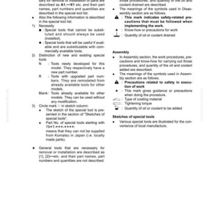 May include: A page from a manual detailing disassembly and assembly procedures. It includes sections on special tools, disassembly, assembly, and sketches of tools. Symbols and notes provide guidance on safety and procedures.