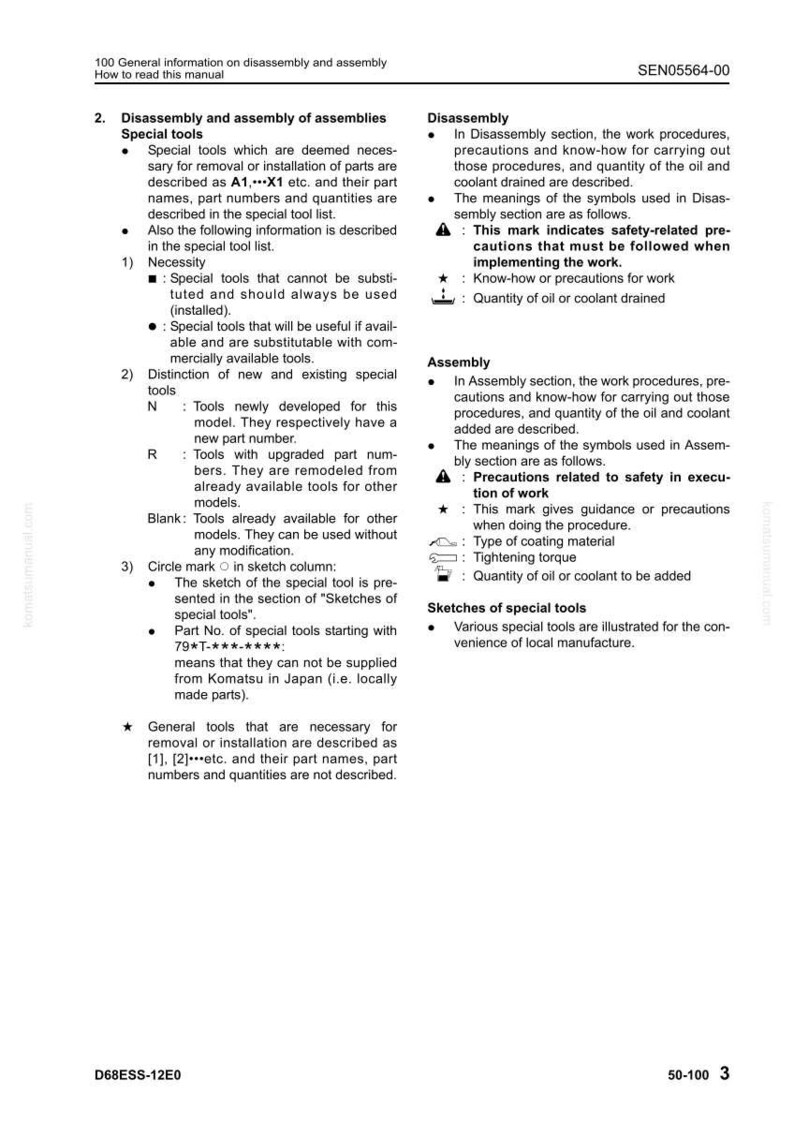 May include: A page from a manual detailing disassembly and assembly procedures. It includes sections on special tools, disassembly, assembly, and sketches of tools. Symbols and notes provide guidance on safety and procedures.