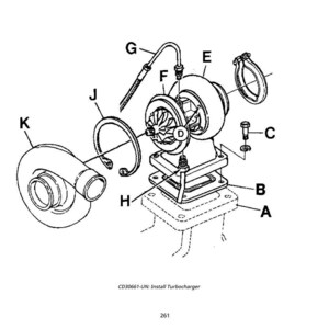 May include: Line drawing of a turbocharger assembly, with labeled components including the turbine housing (K), compressor housing (E), and various bolts, clamps, and connecting tubes. The image is a technical illustration.