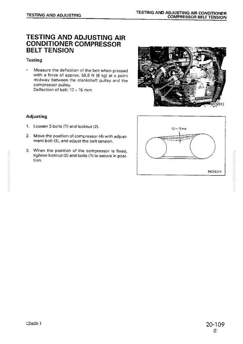 Op de afbeelding: Een pagina uit een handleiding getiteld "Testen en afstellen van de riemspanning van de airconditioningcompressor." De pagina bevat tekst, diagrammen en een foto van een motoronderdeel. De tekst beschrijft de test- en afstelprocedures.
