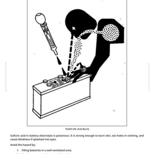 May include: Black and white illustration titled "Prevent Acid Burns." It depicts a person using a tool to add liquid to a battery. The image includes text warning about the dangers of sulfuric acid and safety precautions.