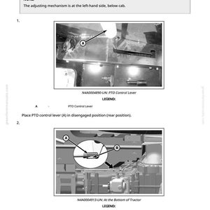以下が含まれることがあります： PTOクラッチ操作ロッドの調整を示す図。PTOコントロールレバーとヨークのクローズアップビューが含まれており、調整ポイントを示すラベルと矢印が付いています。テキストの説明も含まれています。