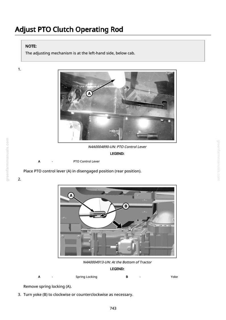 以下が含まれることがあります： PTOクラッチ操作ロッドの調整を示す図。PTOコントロールレバーとヨークのクローズアップビューが含まれており、調整ポイントを示すラベルと矢印が付いています。テキストの説明も含まれています。