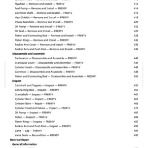 May include: A white page with a detailed table of contents for engine repair, including sections on removing, installing, disassembling, assembling, and inspecting various engine components. The page also lists page numbers.