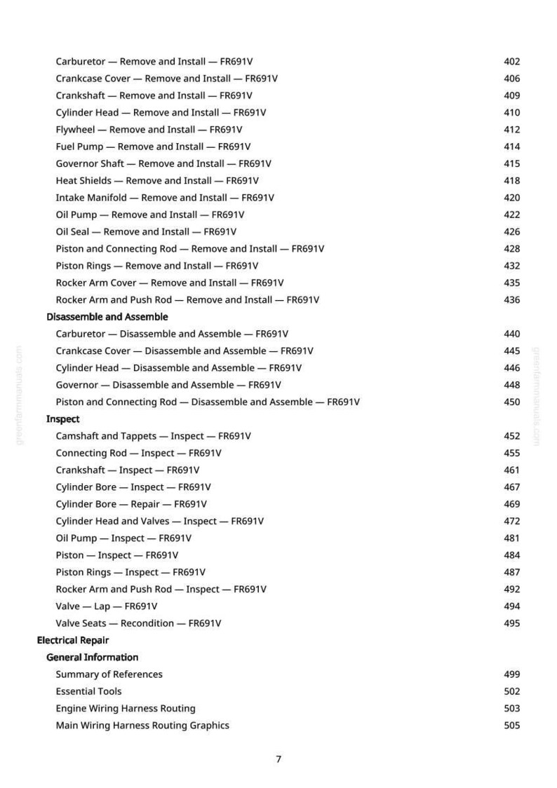 May include: A white page with a detailed table of contents for engine repair, including sections on removing, installing, disassembling, assembling, and inspecting various engine components. The page also lists page numbers.