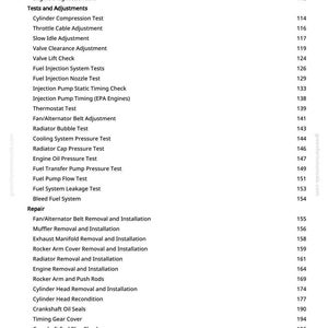 May include: A page from a manual with a list of automotive repair topics. The topics include tests, adjustments, and repair procedures for various engine components, such as the fuel system, radiator, and cylinder head.